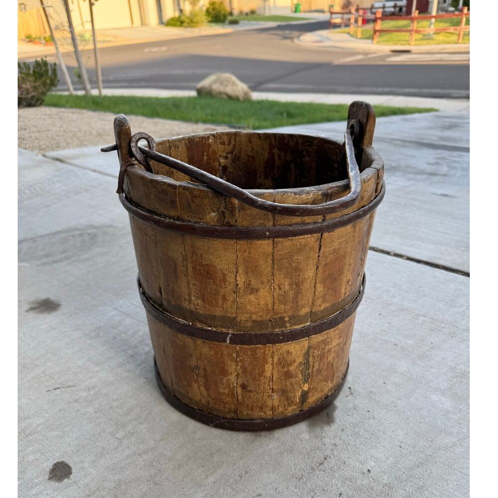 Antique 19th Century Wooden Stave Bucket Primitive Iron Banded Well Pail Farm